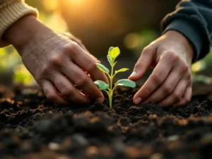 Kind plant zaailing in donkere aarde met begeleiding van volwassene, ochtendlicht creëert warme sfeer van groei
