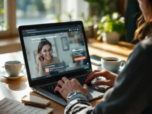 Ondernemer bekijkt online leerplatform op laptop met medewerkersontwikkeling modules en notitieblok op bureau
