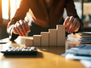 Zakenvrouw rangschikt houten blokken in oplopende stappen op conferentietafel met calculator en budgetdocumenten
