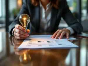 Zakelijke manager beoordeelt prestatie-evaluatie document terwijl hij gloeilamp vasthoudt in modern kantoor