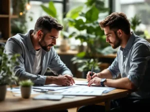 Professionele mentor begeleidt jongere medewerker met ontwikkelingsgrafieken op modern kantoor met natuurlijk licht