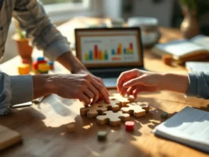 Mentor begeleidt jongere bij het oplossen van houten puzzel, met leerboeken en laptop op tafel in natuurlijk licht
