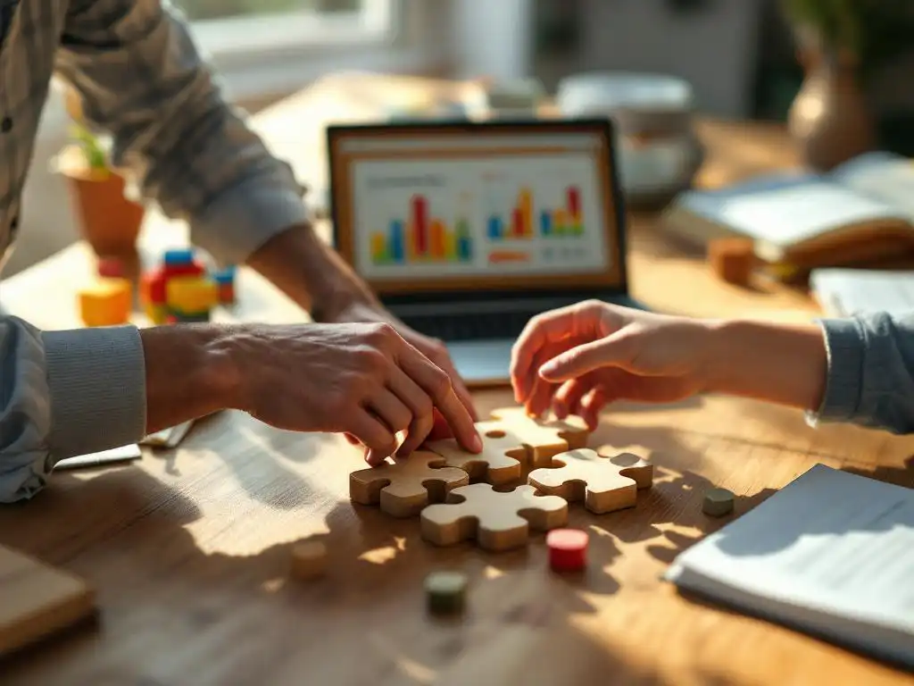 Mentor begeleidt jongere bij het oplossen van houten puzzel, met leerboeken en laptop op tafel in natuurlijk licht