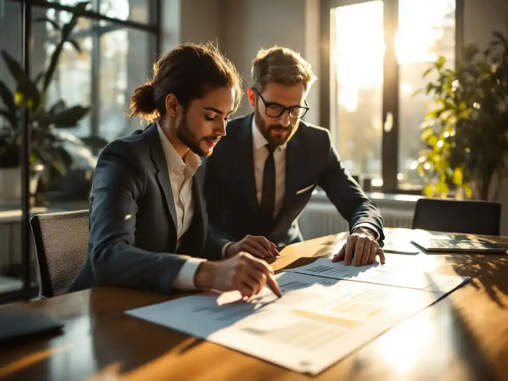 Professionele mentor begeleidt medewerker bij carrièreontwikkelingsplan aan moderne vergadertafel in kantoor