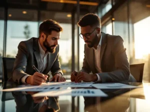 Professionele mentor begeleidt jonge medewerker met groeigrafiek op moderne vergadertafel bij raam