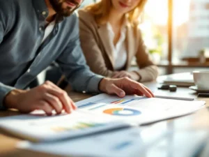 Mentor begeleidt medewerker bij ontwikkelingsboek met groeigrafiek en vaardighedenmatrix op moderne vergadertafel