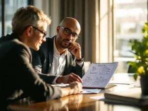 Professionele mentor en medewerker in gesprek aan vergadertafel met open notitieboek vol doelen en ontwikkelplannen