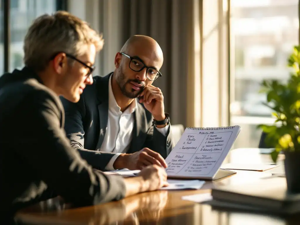 Professionele mentor en medewerker in gesprek aan vergadertafel met open notitieboek vol doelen en ontwikkelplannen