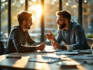 Professionele mentor en medewerker in gesprek aan conferentietafel met ontwikkelingsplannen in notitieboek