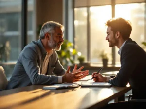 Professionele mentor en medewerker in gesprek aan conferentietafel, mentor gebaart terwijl medewerker notities maakt
