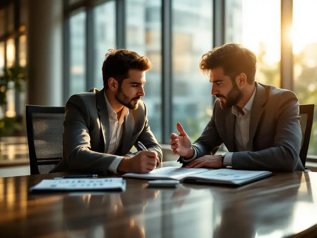 Professionele mentor begeleidt jonge medewerker bij ontwikkelingsportfolio aan vergadertafel in kantoor