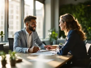Professionele mentor wijst naar groeigrafiek tijdens ontwikkelingsgesprek met werknemer aan moderne conferentietafel