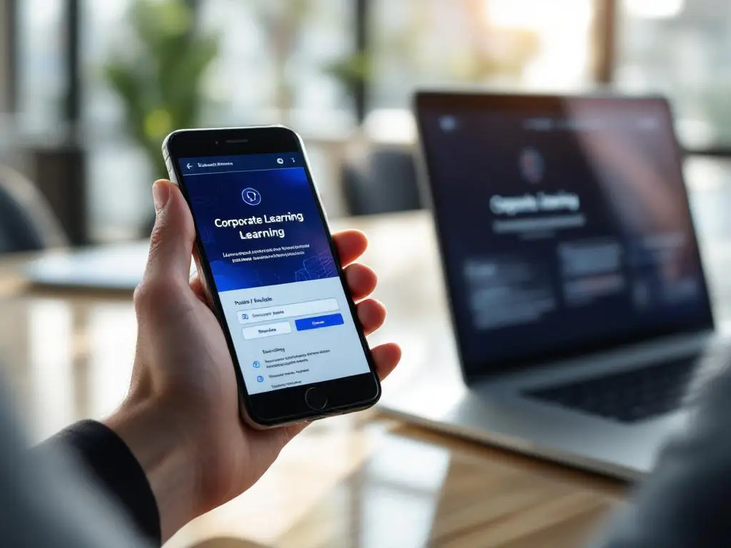 Zakenhand houdt smartphone met bedrijfsleerinterface boven laptoptoetsenbord op conferentietafel in kantoor