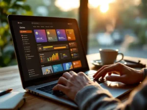 Persoon typt op laptop met online leerplatform, voortgangsbalken zichtbaar op scherm, koffie en notitieblok op bureau