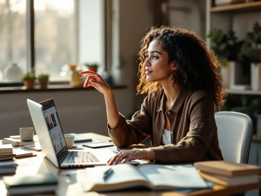 Professionele vrouw aan bureau met laptop en boeken, kiest tussen digitaal en traditioneel leren in natuurlijk licht