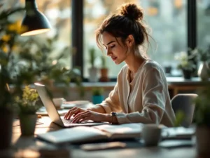 Professionele vrouw volgt online cursus op laptop aan bureau met studiemateriaal, plant en koffie bij raam