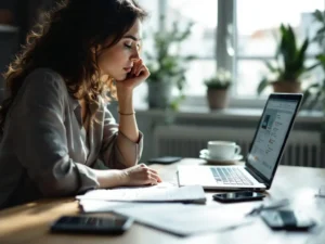 Professionele vrouw studeert online achter laptop op modern bureau met notities en smartphone