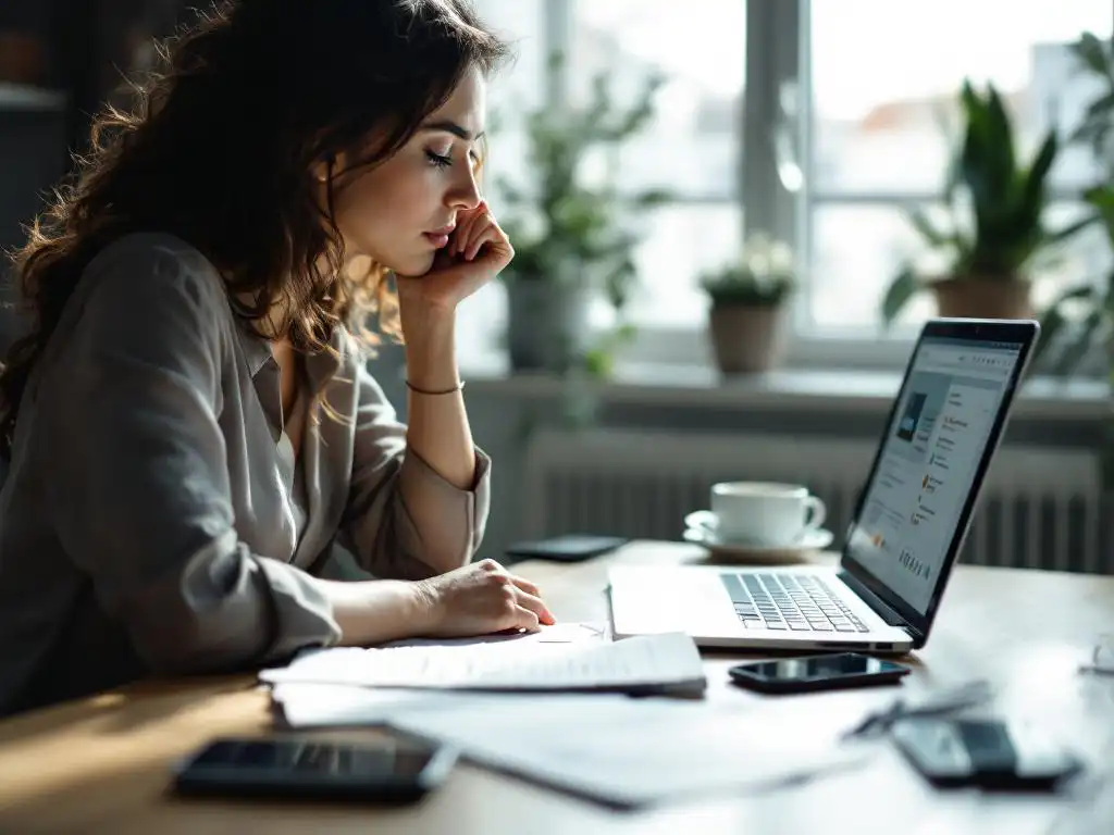Professionele vrouw studeert online achter laptop op modern bureau met notities en smartphone
