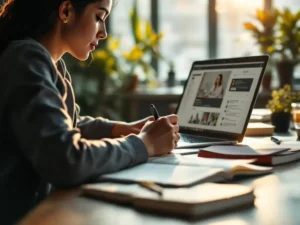 Professionele vrouw maakt aantekeningen terwijl ze online leert op laptop, omringd door boeken op modern bureau