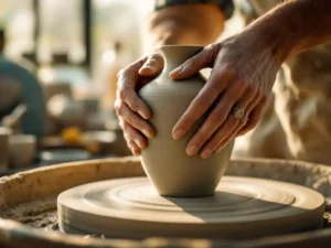 Handen vormen klei tot vaas op pottenbakkersschijf in workshop met warme natuurlijke verlichting