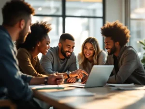 Diverse professionals collaboreren rond laptopscherm in moderne vergaderruimte met natuurlijk licht
