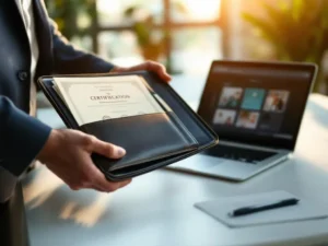 Professionele handen houden leren portfolio met certificaten en diploma's vast, laptop met online leerplatform op bureau