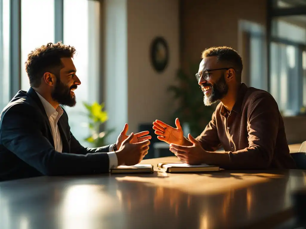 Professionele coach en werknemer in gesprek aan conferentietafel, notities makend in warm verlicht kantoor