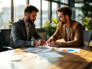 Mentor wijst naar ontwikkelingsgrafieken tijdens één-op-één coaching sessie met medewerker aan moderne conferentietafel