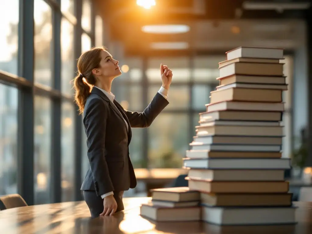 Professionele zakenvrouw in pak reikt omhoog naar ladder van boeken en certificaten in modern kantoor