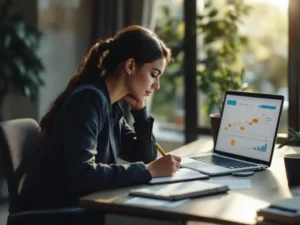 Professionele vrouw schrijft in ontwikkelingsjournal terwijl ze carrièrevoortgang op laptop bekijkt aan moderne werkplek