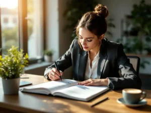 Professionele vrouw in blazer bekijkt doelen in notitieboek aan houten bureau met plant en koffie bij raam