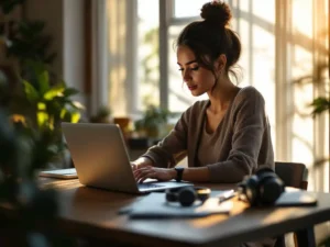 Professionele vrouw werkt op laptop aan bureau met online leermateriaal en koptelefoon in moderne kantooromgeving