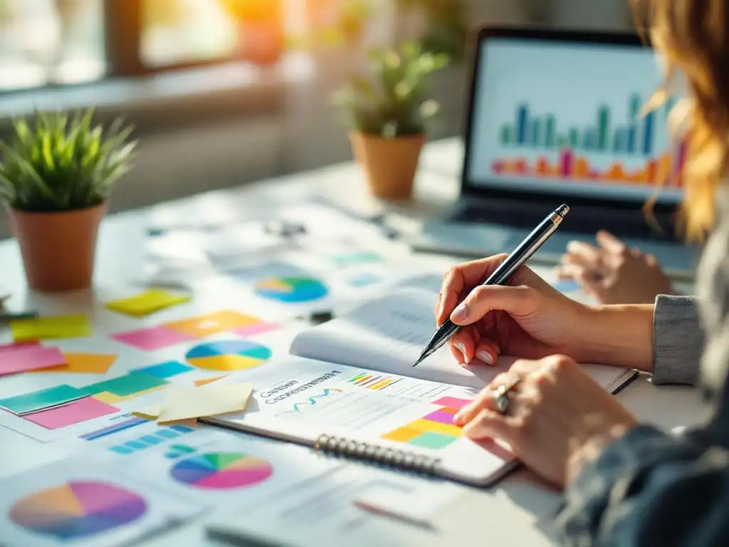 Professionele vrouw schrijft in ontwikkelingsplanner met kleurrijke notities en voortgangsgrafieken op wit bureau