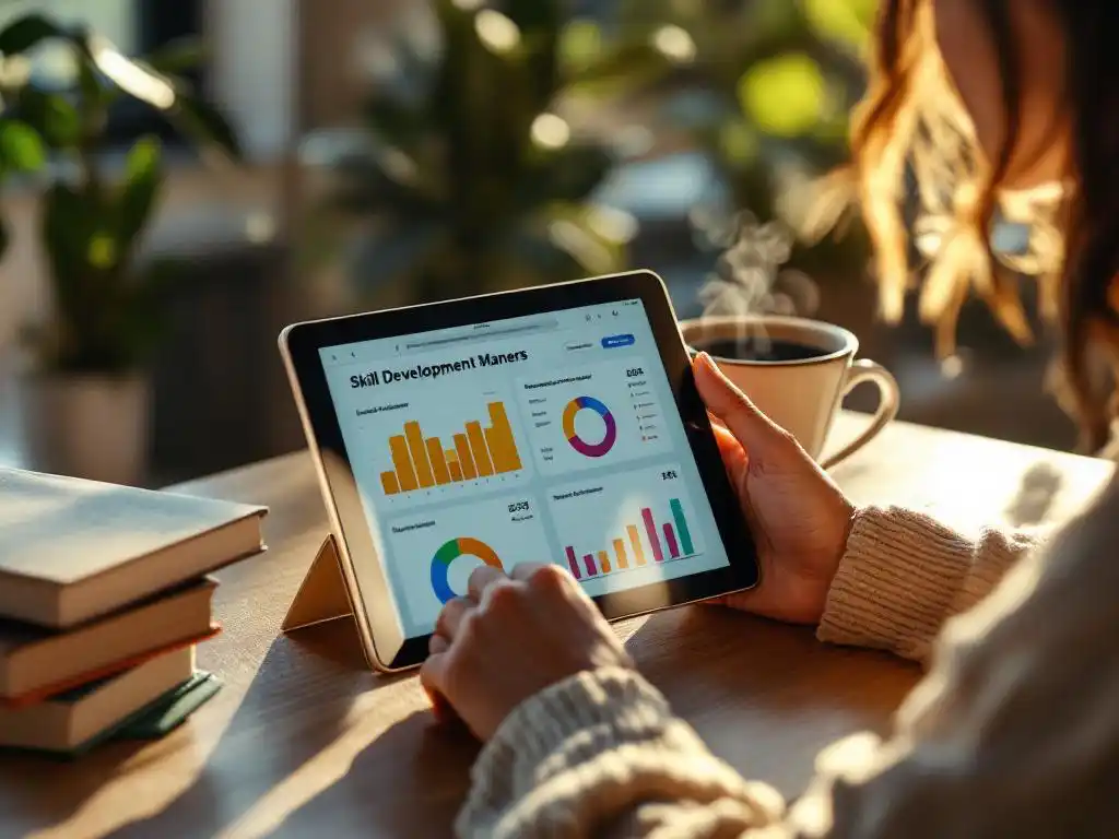 Professionele vrouw bestudeert vaardigheidsontwikkelingsgrafiek op tablet aan bureau met leiderschapsboeken en koffie