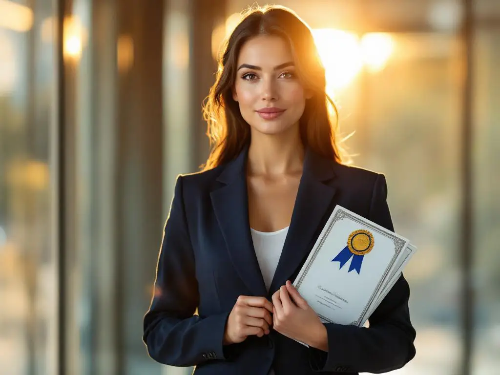 Professionele zakenvrouw in marineblauw jasje toont certificaten in modern kantoor met gouden zonlicht