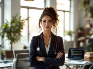 Professionele zakenvrouw in marineblauw jasje in modern kantoor met carrièresymbolen zoals stethoscoop en laptopcode