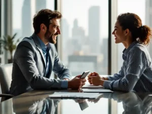 Professionele sollicitatiegesprek tussen interviewer met tablet en kandidaat aan vergadertafel in modern kantoor