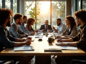 Divers team van professionals in samenwerking rond vergadertafel met laptops en trainingsmateriaal in moderne kantoorruimte