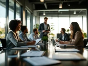 Trainer observeert diverse groep werknemers tijdens hands-on workshop, evaluatiechecklists op conferentietafel