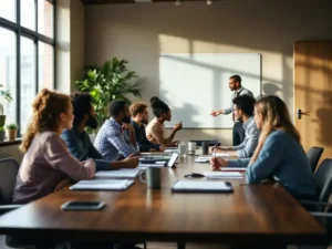 Diverse groep professionals rond vergadertafel tijdens training workshop, sommigen geëngageerd, anderen afgeleid