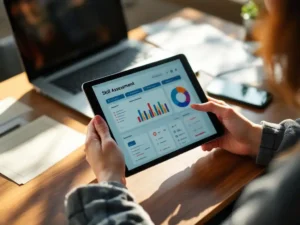 Professionele vrouw houdt tablet met vaardighedenbeoordelingsdashboard op houten bureau naast certificaten en laptop