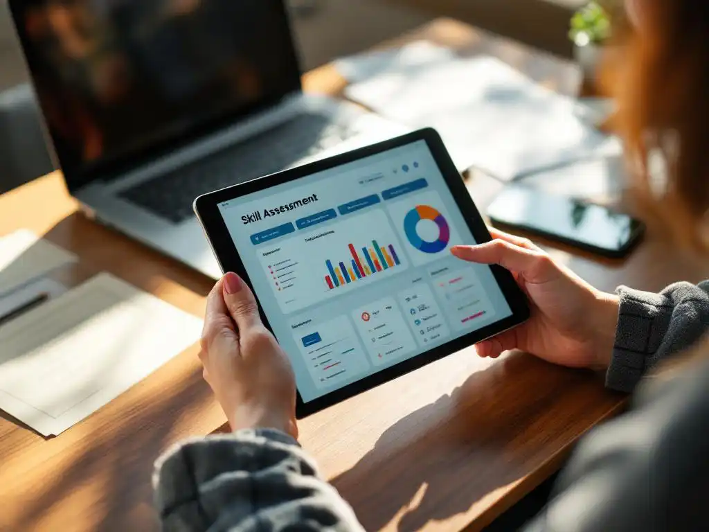 Professionele vrouw houdt tablet met vaardighedenbeoordelingsdashboard op houten bureau naast certificaten en laptop