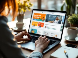 Vrouw typt op laptop met online cursusinterfaces, smartphone met leer-app en koffie op bureau in gouden licht