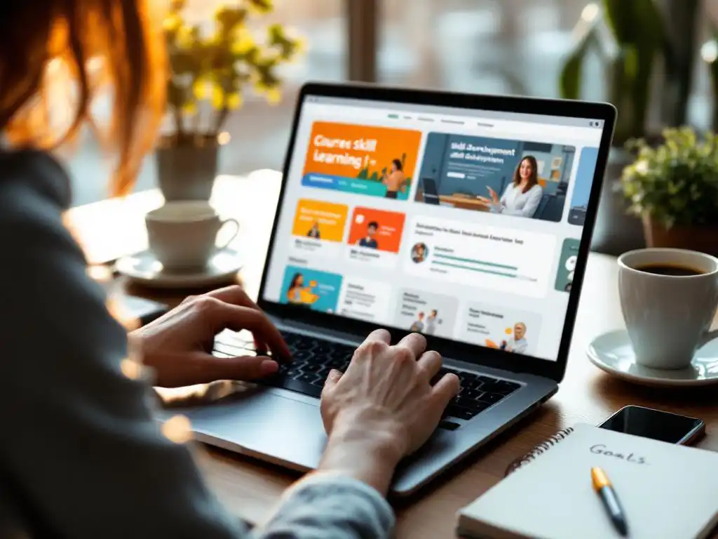 Vrouw typt op laptop met online cursusinterfaces, smartphone met leer-app en koffie op bureau in gouden licht
