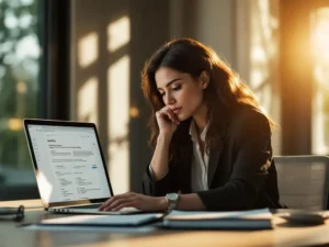 Professionele vrouw bestudeert online leerplatform op laptop aan modern bureau met werkboek en natuurlijk licht