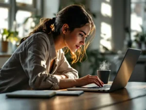 Professionele vrouw tijdens videovergadering op laptop met notitieblok en koffie op houten bureau bij raam
