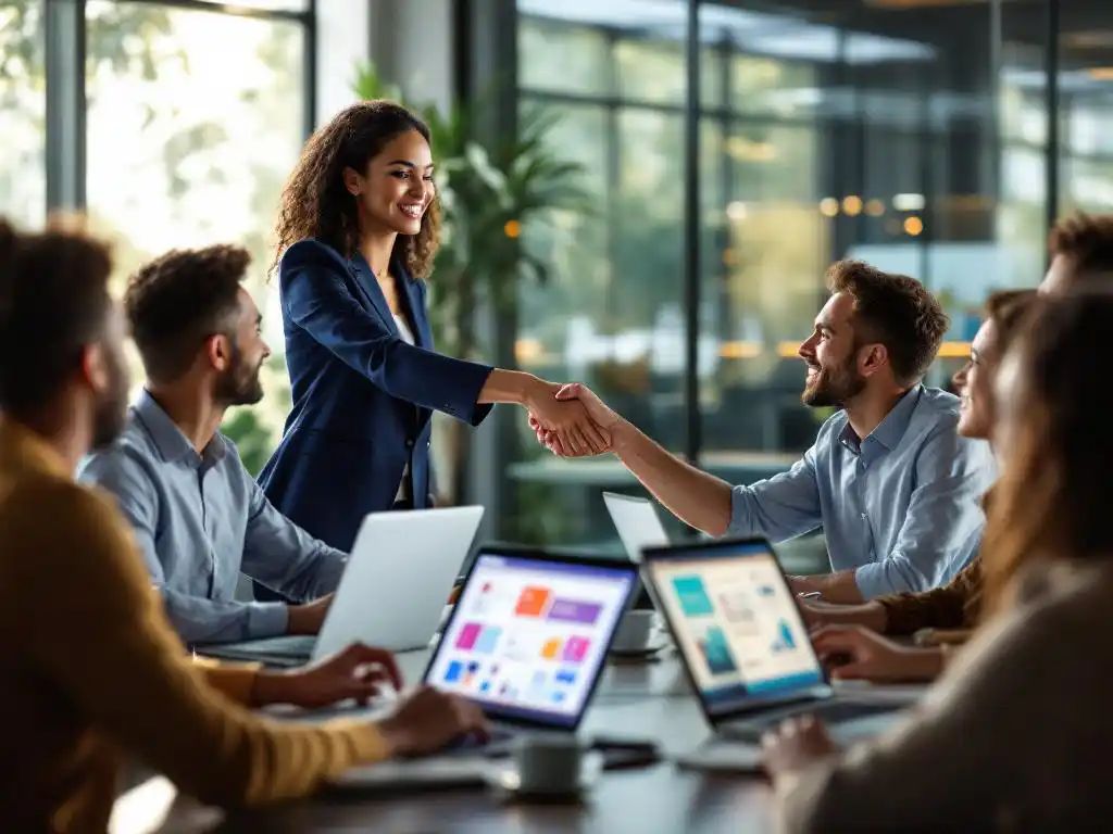 Zakenvrouw schudt handen met diverse collega's rond vergadertafel met laptops met digitale leerinterfaces in modern kantoor