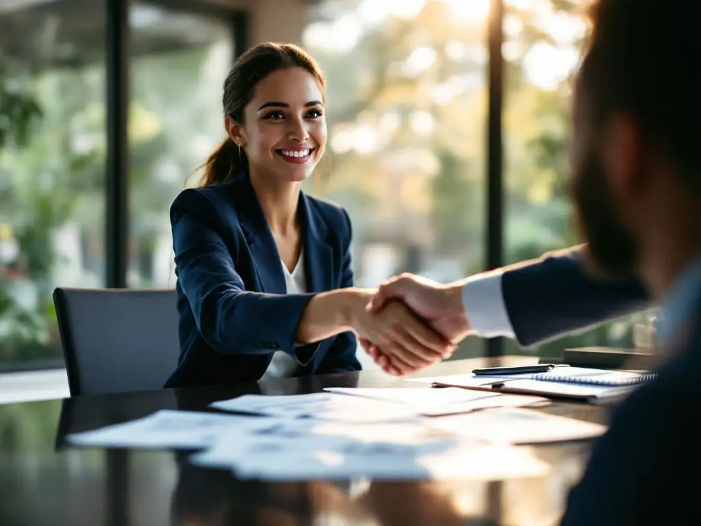 Professionele zakenvrouw schudt handen met collega aan vergadertafel met documenten, natuurlijk licht door ramen