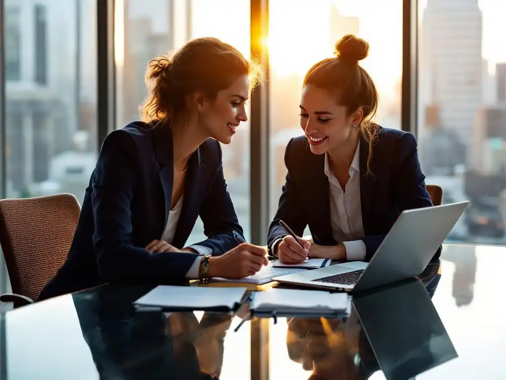 Professionele zakenvrouw in marineblauw jasje begeleidt jongere collega aan moderne vergadertafel in kantoor met stadszicht