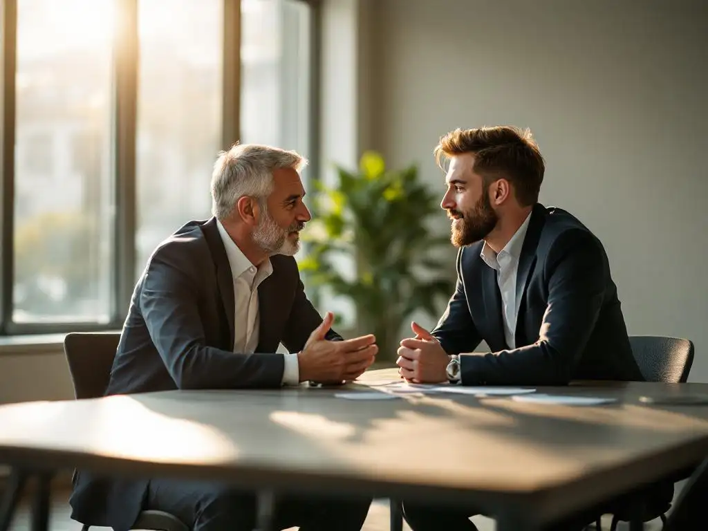 Professionele mentor in gesprek met medewerker aan moderne vergadertafel in kantoor met natuurlijk licht